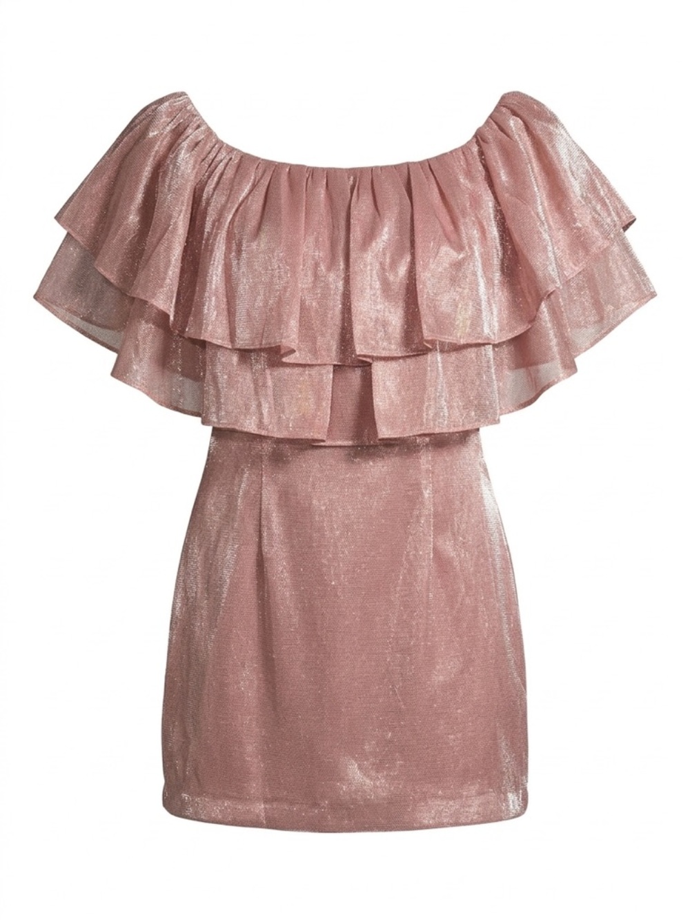 Off-Shoulder Pink Metallic Ruffle Mini Dress XS - Picture 2 of 4